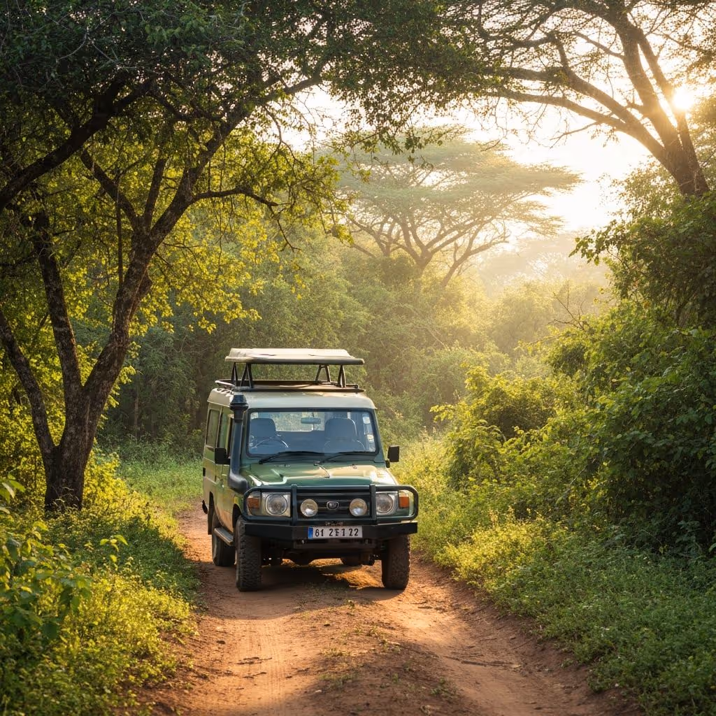 Safari jeep in lush forest