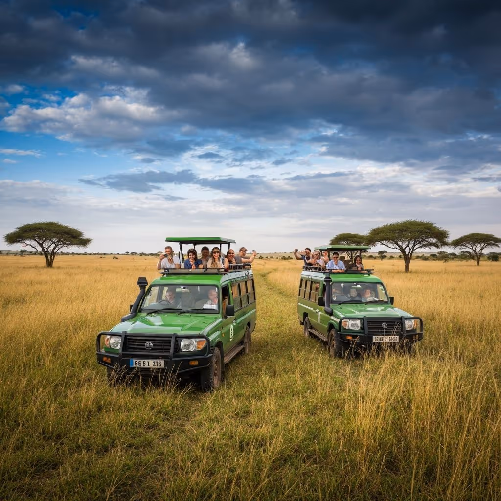 Safari vehicles on the Serengeti savanna